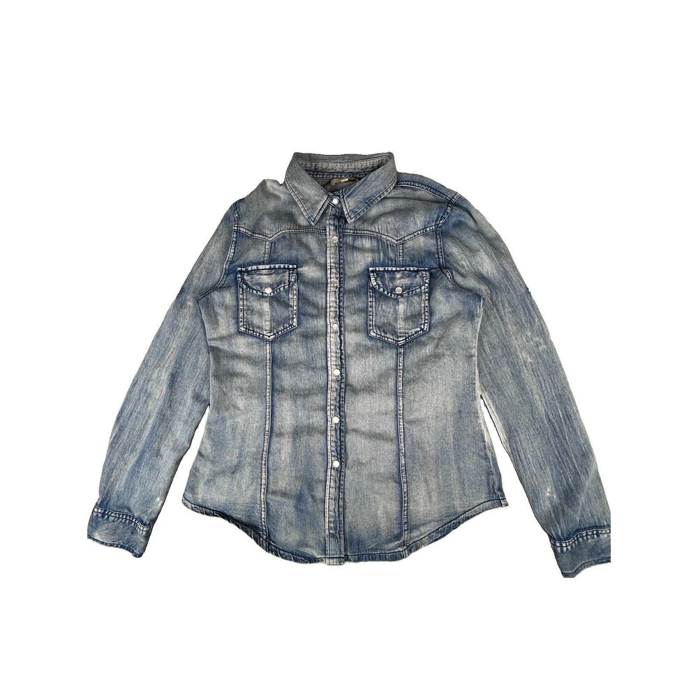 Cecico distressed chambray shirt pearl snap closures western bohemian Women Sz L
